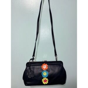 RARE Aigner Black Leather Kiss‎ Lock Shoulder Bag Clutch Multicolor Flower